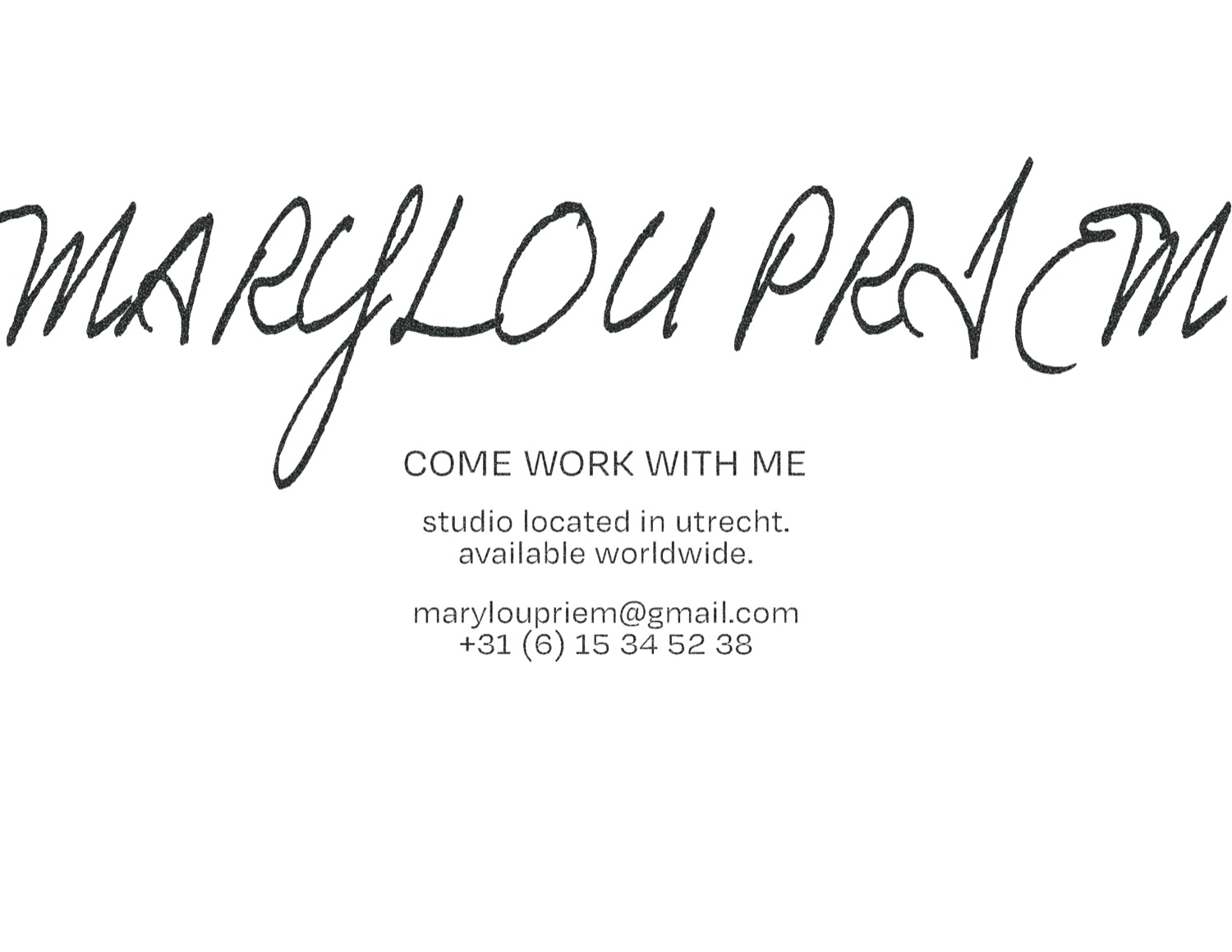 Business card — Marylou Priem, come work with me. Studio located in Utrecht, available worldwide.